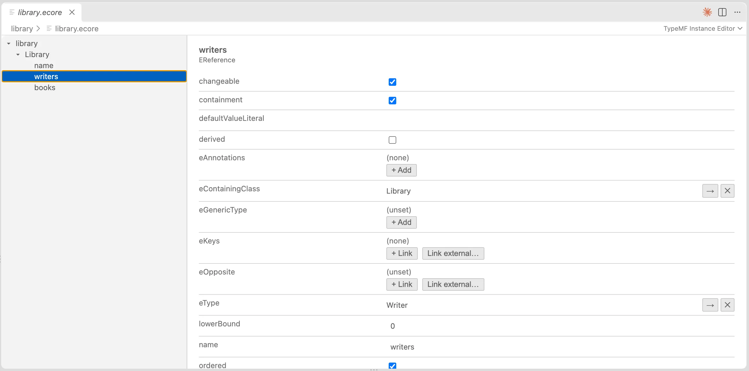 The TypeMF Instance Editor showing the Library model: a tree of the library package and the properties of the writers reference.